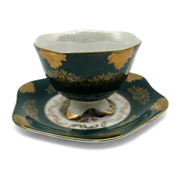 SHAFFORD Footed Tea Cup And Saucer With Victorian Scene Japan Vintage - Picture 7 of 12